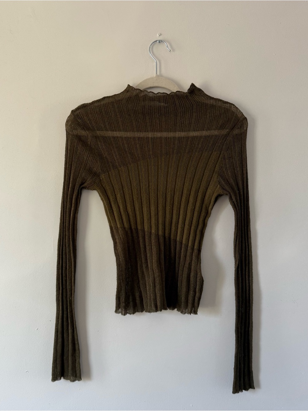 ASTR The Label Sheer Olive Ribbed Knit Long Sleeve Top | Lettuce Hem | Size S
